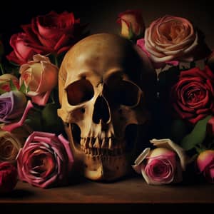 Eerie Human Skull and Vibrant Roses Scene