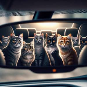 Colorful Cats Gathering in Car Mirror | Furry Felines Reflection