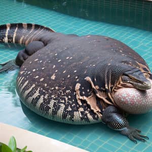 Morbidly Obese Water Monitor Lizard Lounging in Pool
