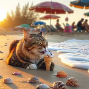 Blissful Cat Enjoying Ice-Cream on Sunny Beach