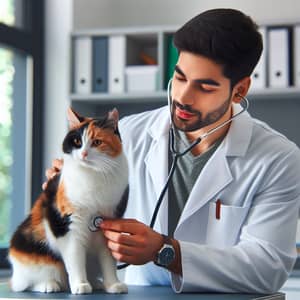 Hispanic Male Veterinarian Caring for Calico Cat | Vet Clinic