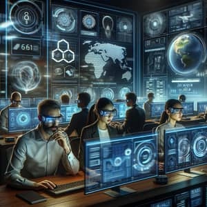 Futuristic Cybersecurity Scene with Diverse Specialists