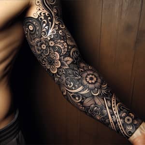 Intricate Black Tattoo Design with Flowers, Tribal Patterns, and Animals