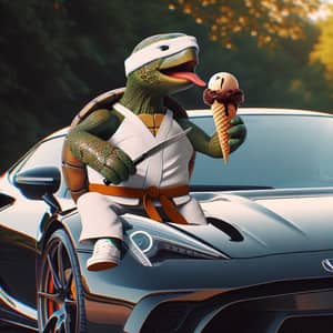 Karate-Practicing Turtle Enjoying Ice Cream in Luxury Sports Car
