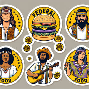 Colorful Burger Stickers with People in Hippie Style for Federal Food