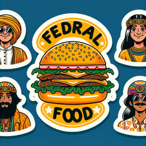 Golden-Yellow Themed Hamburger Stickers with Hippie People | Federal Food