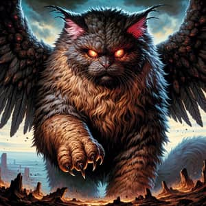 Giant Cat with Red Angry Eyes and Black Wings Unleashing Chaos