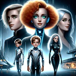 Futuristic Family Movie Poster: Boy, Girls & Woman with Unique Hair and Eye Colors
