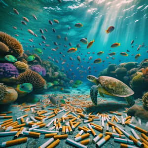 Impact of Cigarette Ends on Sea Life: Underwater Scene