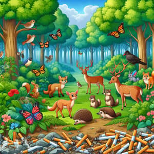 Cute Wildlife in Lush Forest with Cigarette Litter