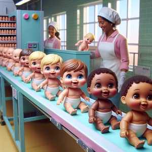 Heartwarming Toy Factory Scene: Diverse Toy Babies on Conveyor Belt