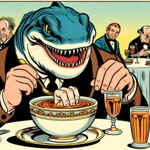 Shark in restaurant eating soup that contains human hand in Garfield cartoon style