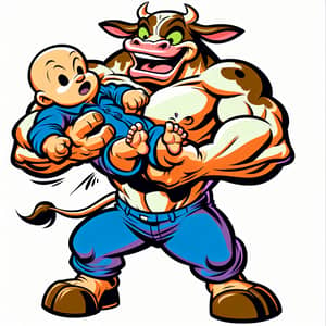 Playful Humanoid Cow Cartoon Taking Baby Illustration