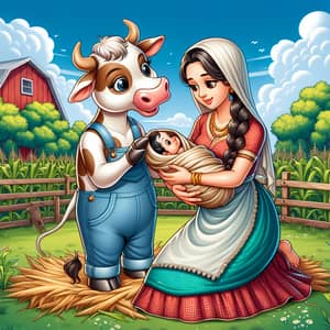 Adorable Anthro Cow and South Asian Mother Bonding on Green Farm