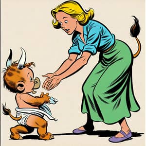 Funny Cartoon of Anthropomorphic Bovine Taking Child