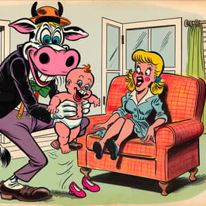Hand-Drawn Cartoon: Humorous Cow 'Kidnapping' Baby Doll