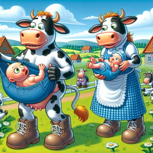 Humorous Pastoral Farm Cartoon: Cow Character and Baby