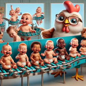 Adorable Laughing Babies from Various Cultures in Whimsical Toy Factory