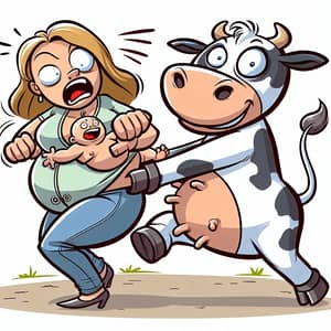Playful Cartoon Cow Grabs Baby in Rural Scene