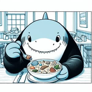 Delightful Sea Treasures: Cartoon Shark Savoring Soup in a Restaurant