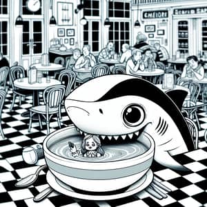 Cartoon Shark Eating Soup in Bistro | Illustration