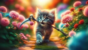 Playful Kitten with Death Scythe in Vibrant Garden | Fantasy-Inspired