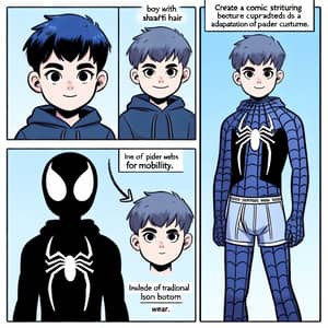 Spiderman Comic Strip: Short-Haired Boy in Blue Costume with Silver Chains