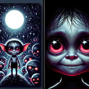 Eerie Book Cover Design with Impish Creature and Little Girl with Red Eyes