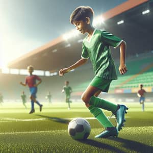 Young South Asian Boy Dribbling Soccer Ball on Vibrant Field