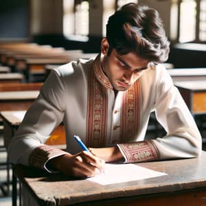 Diligent South Asian Student Taking Exam in Traditional Indian School Setting