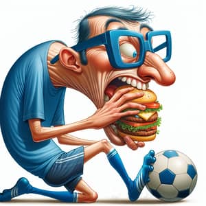 Tall Hunchbacked Man Playing Soccer and Eating Hamburger