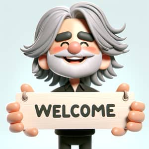 Whimsical 3D Animation of Joyous 40-Year-Old Man Holding Welcome Sign