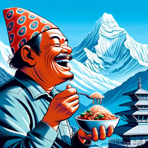 Cheerful Nepali Man Enjoying Local Cuisine with Himalayan Mountain View