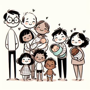 Adorable Stick Figure Family Sketch with Diverse Representation