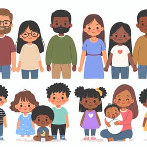 Diverse Family Illustration: Adults, Kids, Newborn in Various Ethnicities