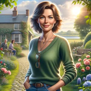 Middle-Aged Caucasian Woman Smiling in English Cottage Garden