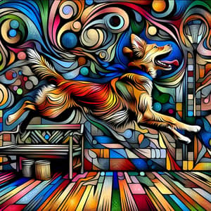 Playful Dog Mid-Jump in Vivid & Whimsical Setting