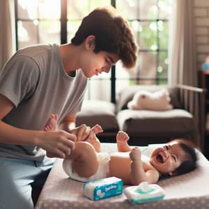 Teen Boy Assisting with Diaper Change | Family Care Scene