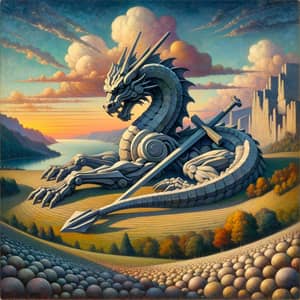 Symbolic Realism Landscape Art with Dragon and Swords
