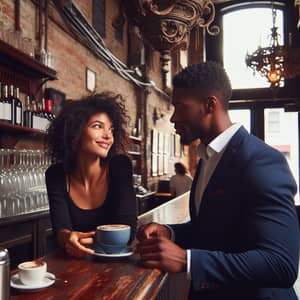 Quaint Cafe Scene: Curly-haired Woman Asking Man Out