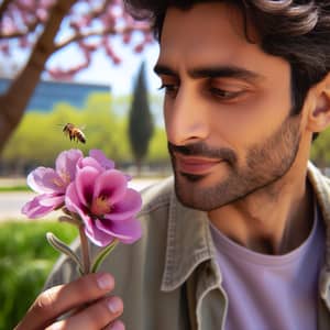 Middle-Eastern Man Engaging in Tranquility with Blossoming Flower