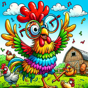 Colorful Crazy Chicken Dancing in Farm Landscape
