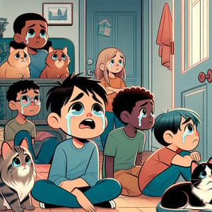 Young Boys and Cats in Distress | Home Setting Illustration