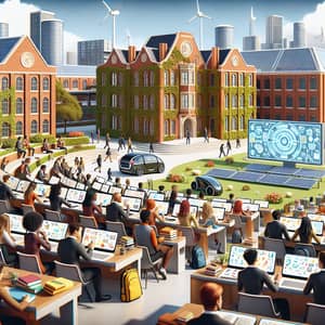 Futuristic University with Diverse Students and Innovative Technology