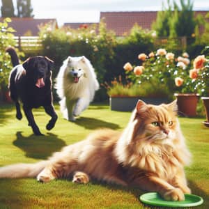 Tranquil Outdoor Scene with Ginger Cat and Playful Dogs