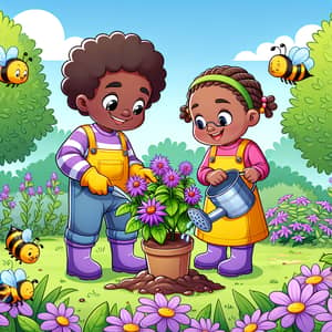 Youthful African Boy and Girl Planting Purple Flowers in Lush Garden
