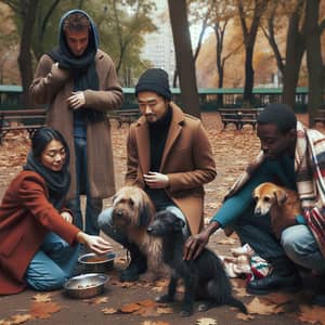 Kindness to Homeless Dogs in City Park - Diverse Individuals Showing Compassion