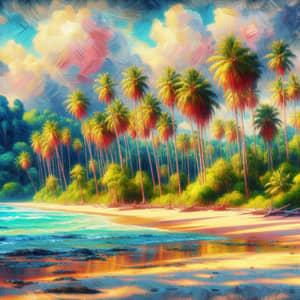 Vibrant Beach Landscape with Neo-Impressionist Palm Trees