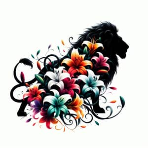 Majestic Lion Silhouette with Vibrant Lily Flowers
