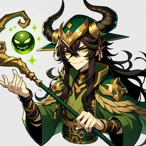 Mystical Trickster in Green & Gold Costume Casting a Magical Spell